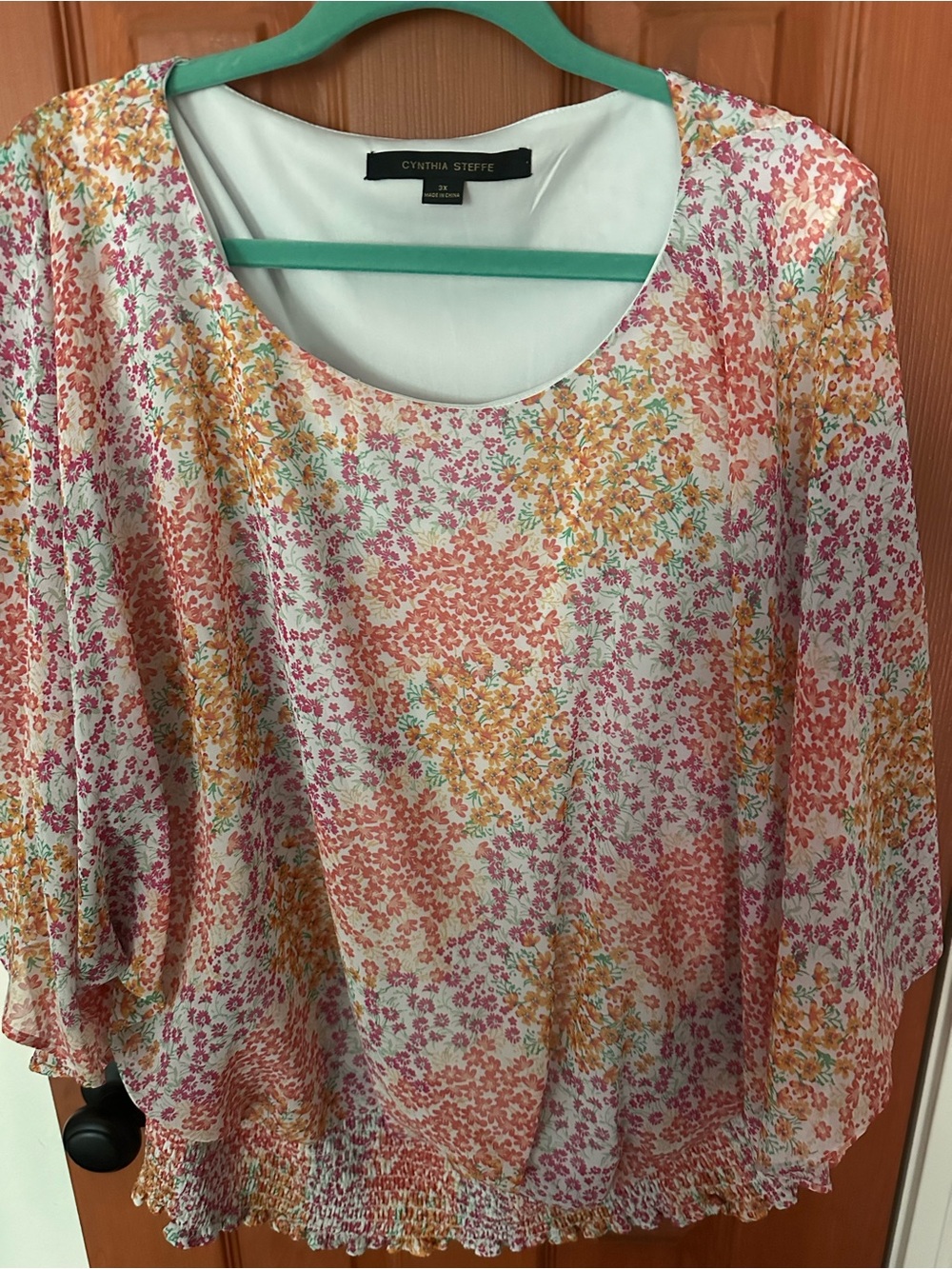 Cynthia Steffe Floral Scoop-Neck Blouse in Pink & Orange